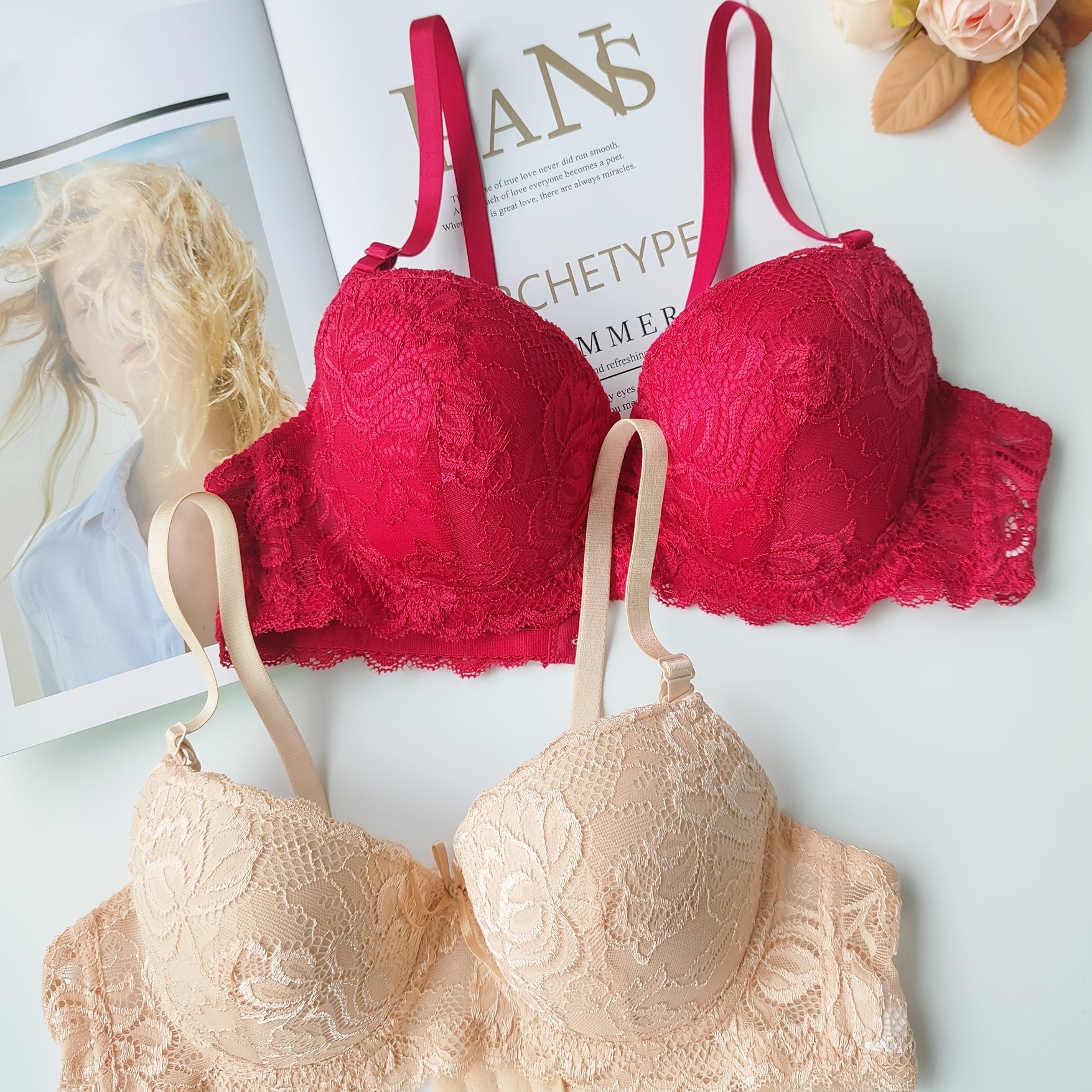2pcs Lace Push Up Bra Comfy & Breathable Women's Lingerie