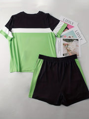 Colorblock Stripe Tee & Drawstring Shorts Set