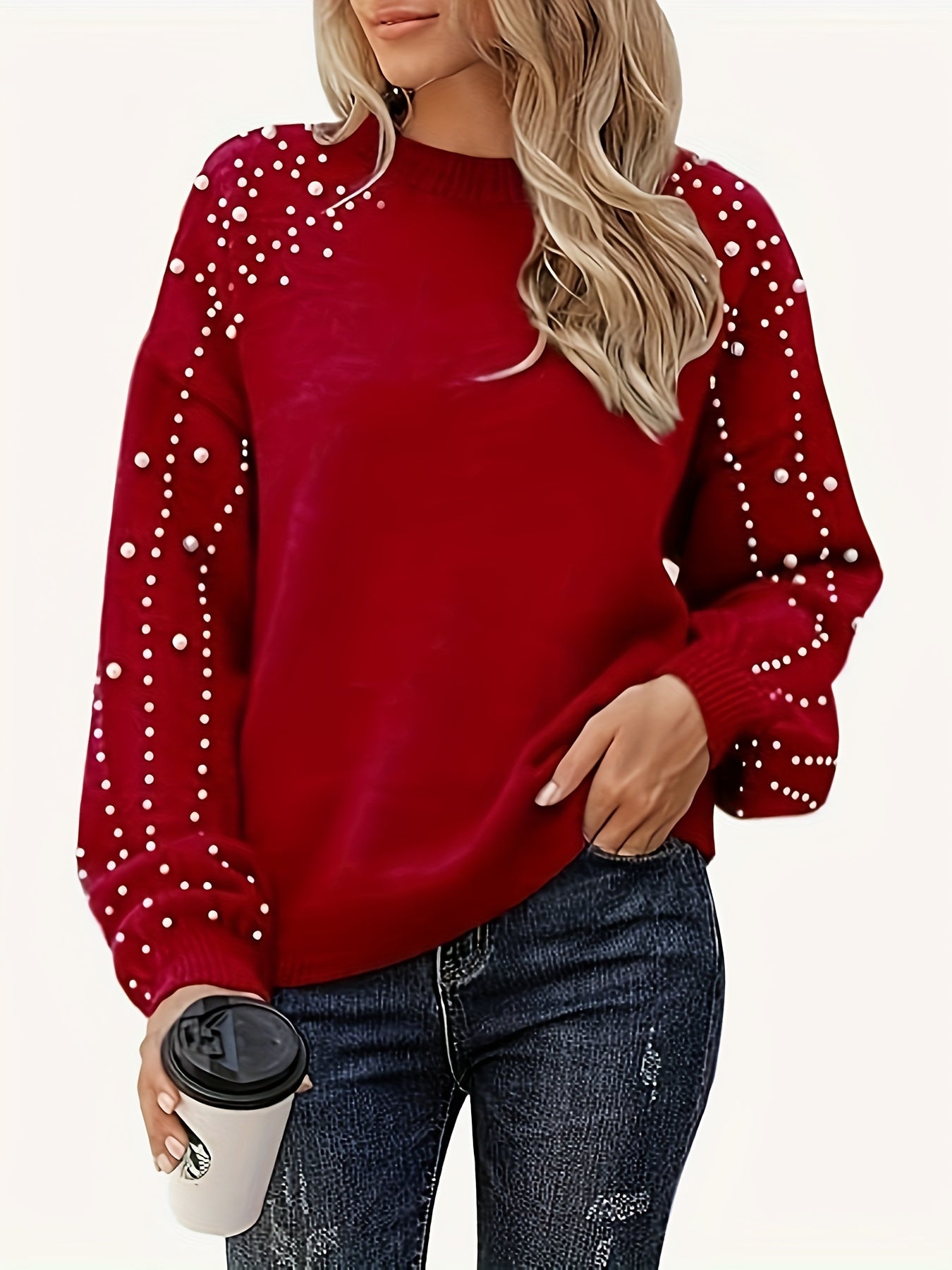 Solid Faux Pearl Long Sleeve Knitted Pullover Jumper