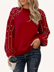 Solid Faux Pearl Long Sleeve Knitted Pullover Jumper