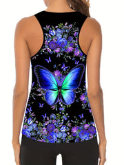Women's Plus Floral & Butterfly Print Racer Back Tank Top & Leggings Set