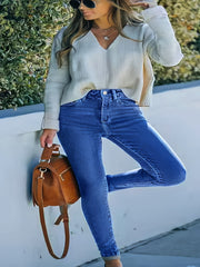 Solid Button Fly Skinny Jeans