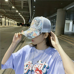 Plaid Sequin Sparkling Baseball Cap Adjustable Mesh Breathable Trucker Hat