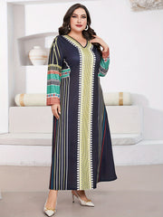 Geometric & Stripe Print Abaya Dress Long Sleeve Maxi Jalabiya