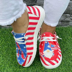 Red Striped Dwarf Pattern Flat Shoes Women's Lightweight Casual Breathable Sport