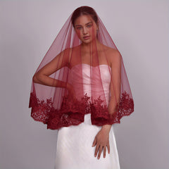 Red Lace Bridal Veil Single Layer Wedding Headpiece Romantic Bride Hair