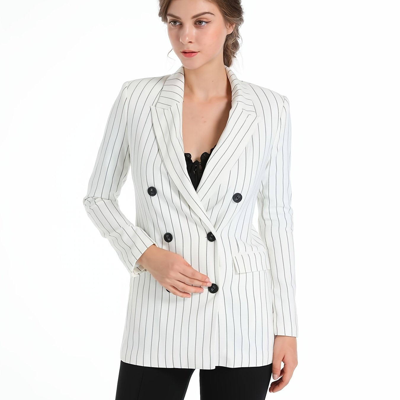 Striped Double Breasted Blazer Coat Casual Long Sleeve Loose Blazer