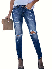 Distressed High Stretch Skinny Jeans Mid Waist Denim Trousers
