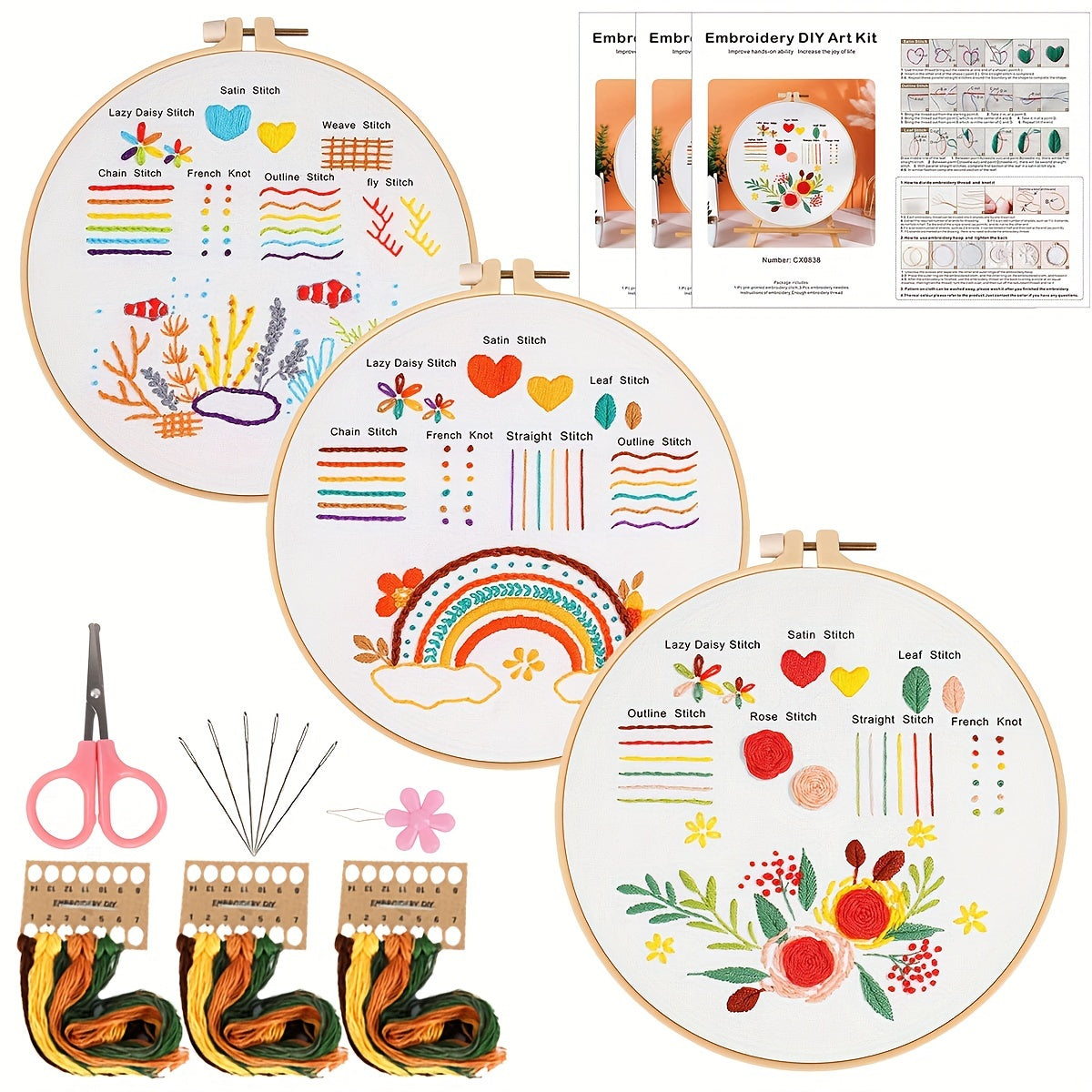 3pcs Embroidery Kit Flower Pattern Material Package 1 Embroidery Hoop 20cm