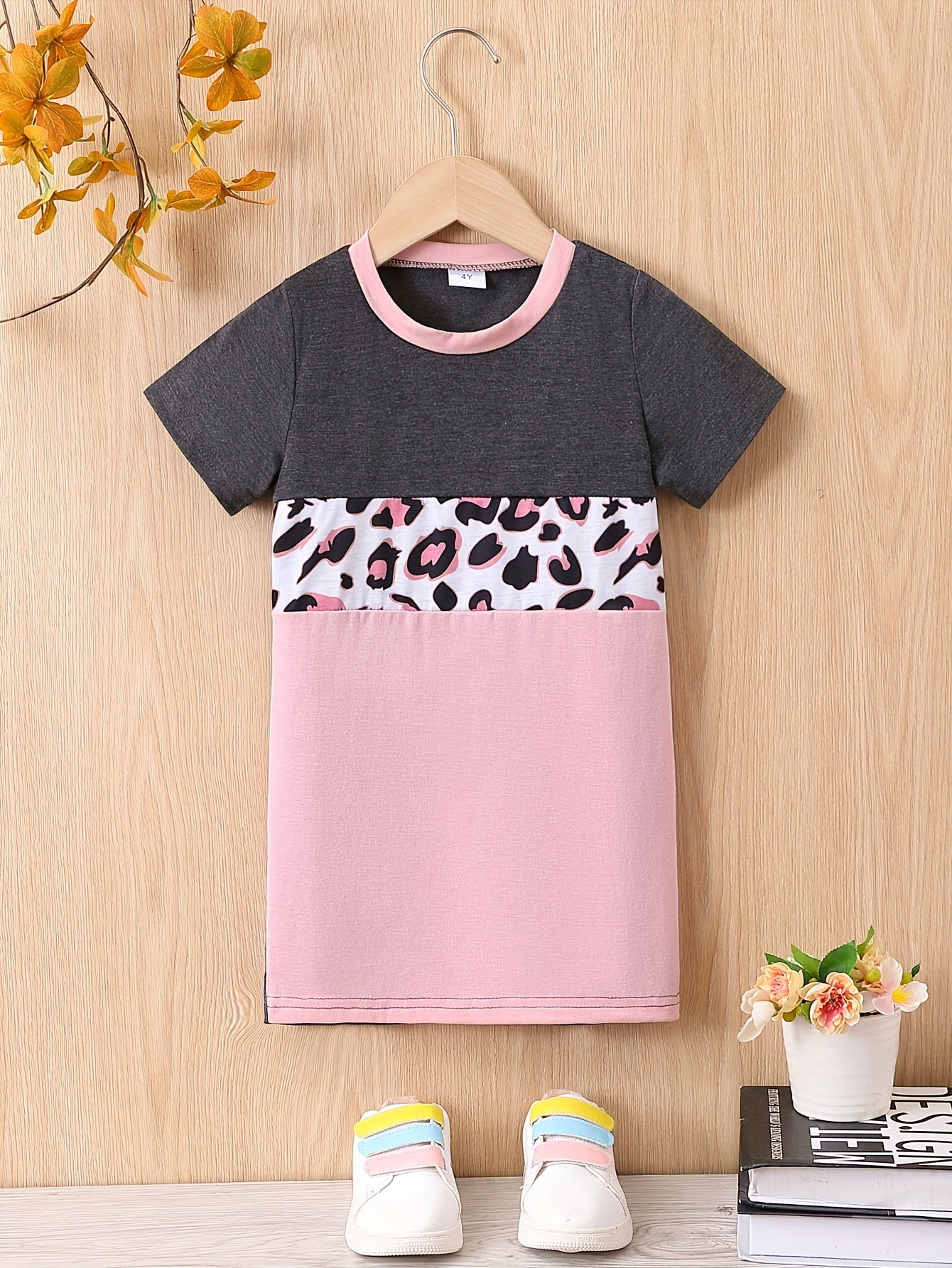 Toddler Girls Leopard Print Round Neck Dress For Party