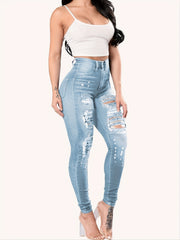 Navy Ripped Holes Skinny Leg Jeans Distressed Skinny Denim Pants