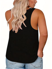 Plus Size Casual Tank Top Women's Plus Slogan & Floral Print Round Neck