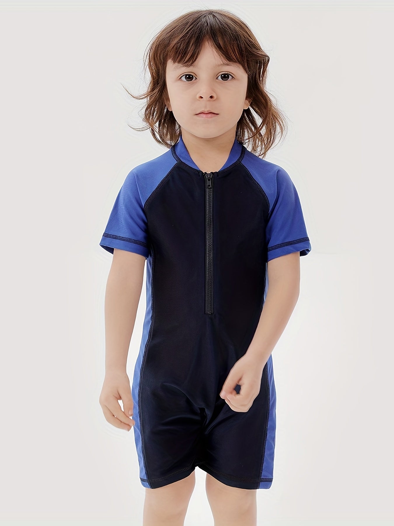 Boys Short Sleeve Zipper One Piece Swimsuit