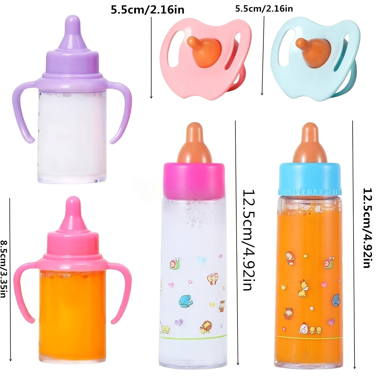 3pcs Baby Doll Feeding Set - Milk, Juice Bottles, Toy Pacifier, Pink Plastic