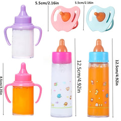 3pcs Baby Doll Feeding Set - Milk, Juice Bottles, Toy Pacifier, Pink Plastic