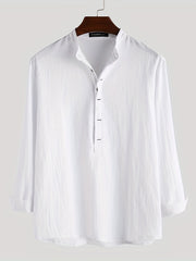Men's Vintage Trachten Shirt Solid Long Sleeve Stand Collar Shirt