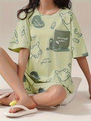 Bunny Print Pajama Set Short Sleeve Top & Shorts Women's Sleepwear