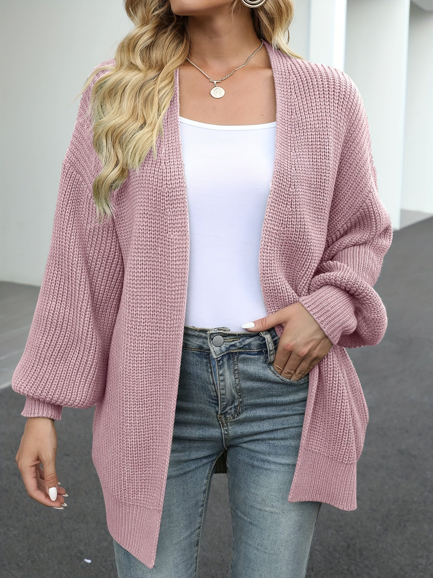 Casual Cardigan Women Solid Lantern Sleeve Open Front Cardigan