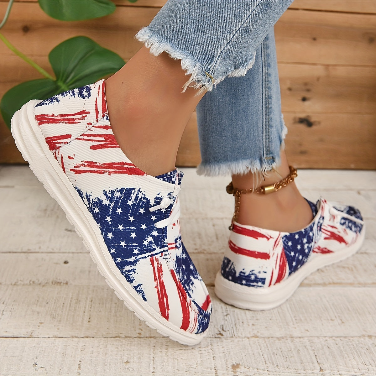 Women's Flag Pattern Boat Shoes Lace Up Patriotic Canvas Shoes Low Top