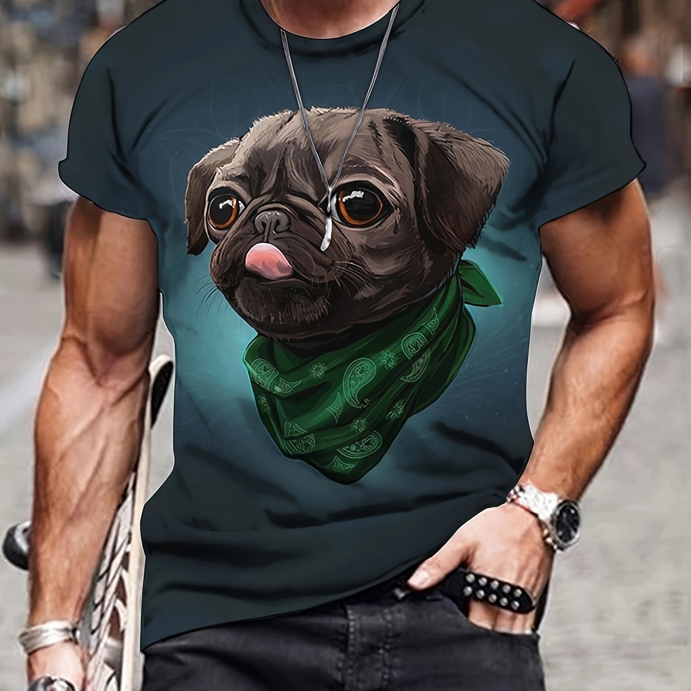 Men's 3D Pug Print T shirt Casual Comfy Mid Stretch Crew Neck Tee