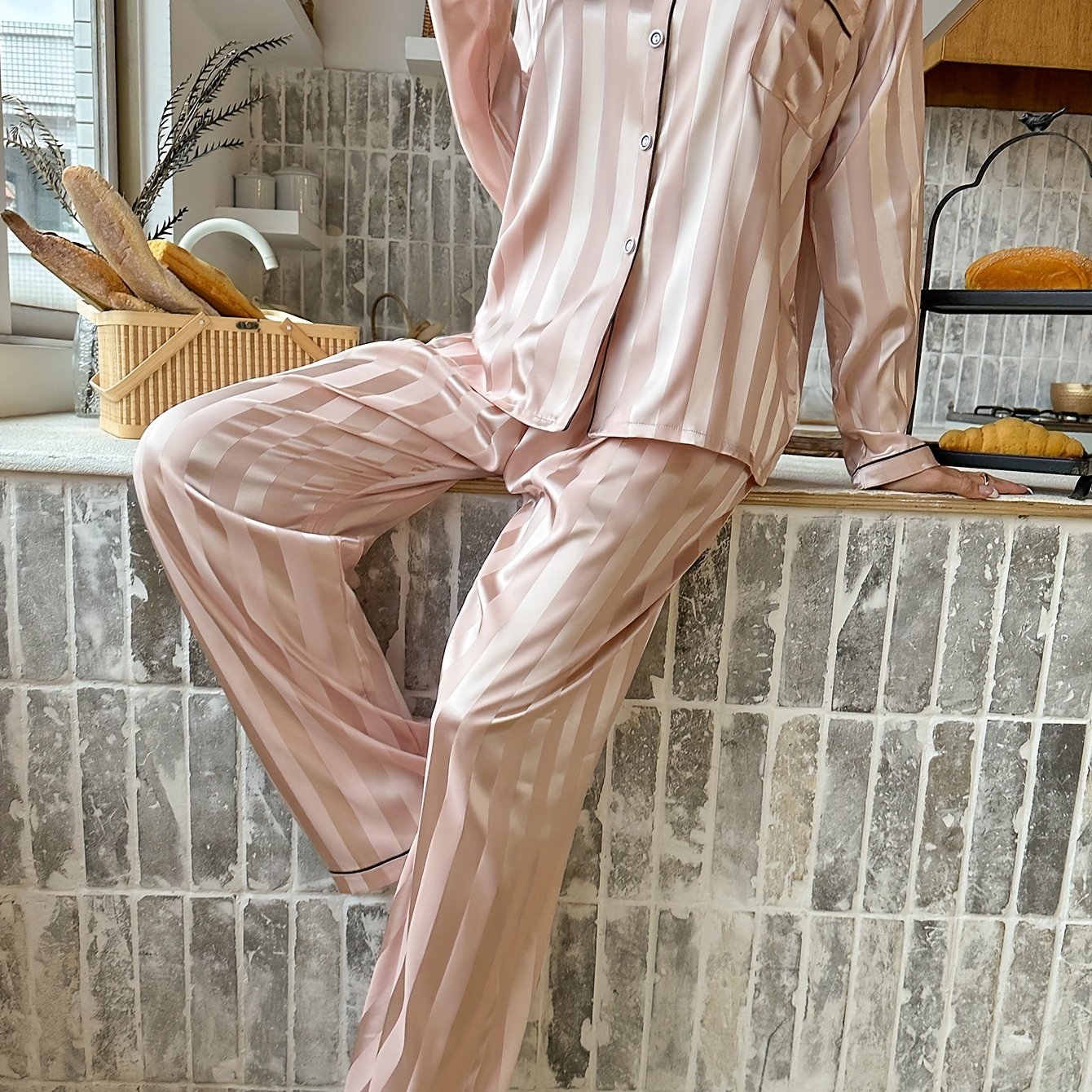 Striped Satin Lounge Set Long Sleeve Top & Pants Women's Loungewear