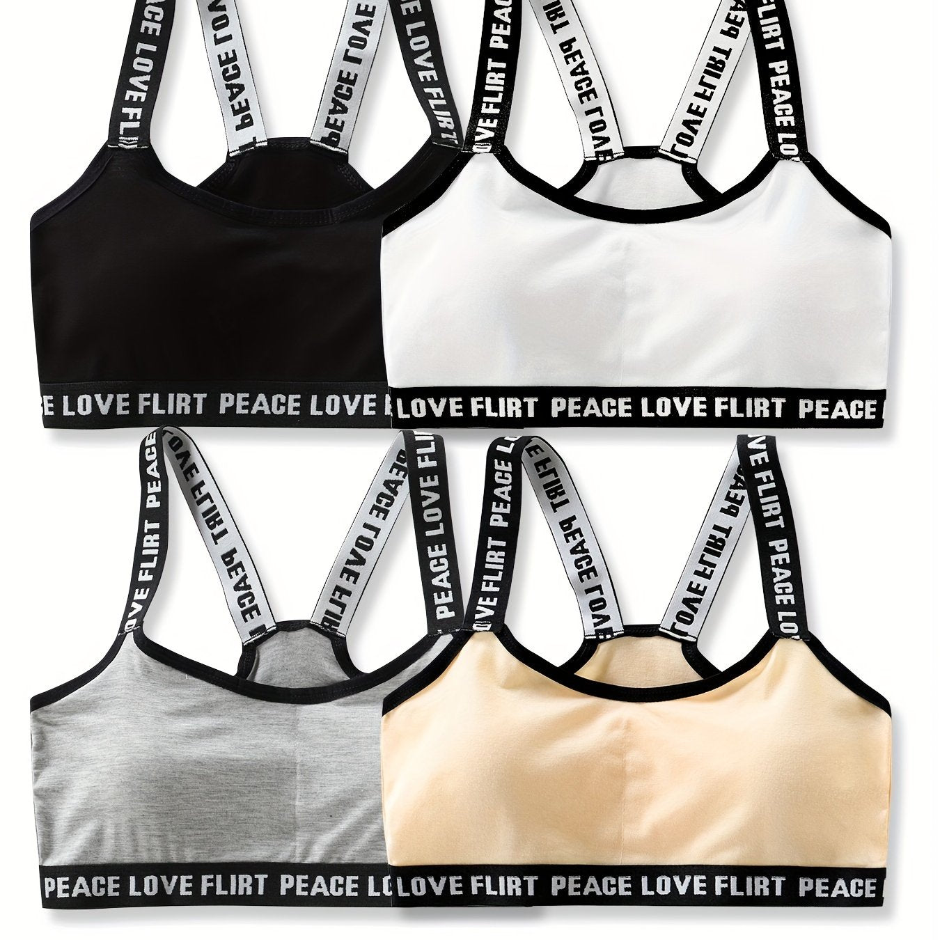 4pcs Girl's Sports Bra Letter Print Breathable Soft Bralette 7-14 Years Old