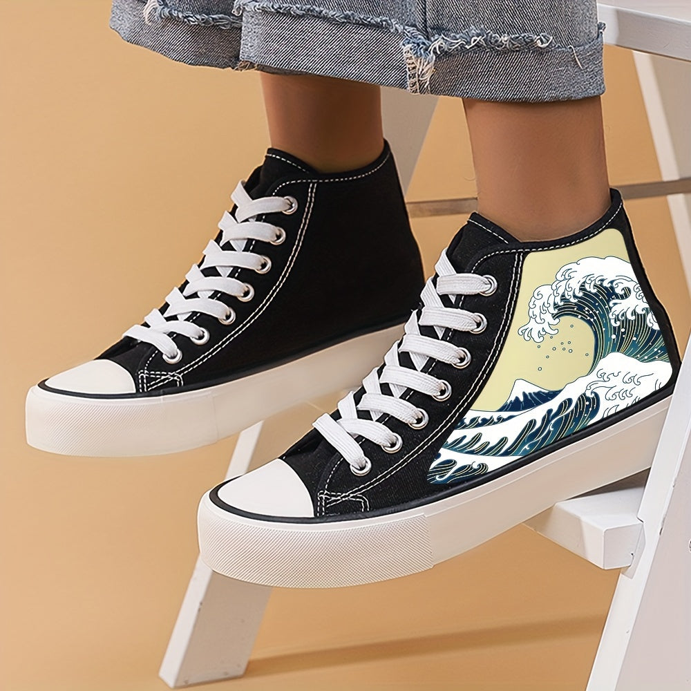 Women's Wave Graphic High Top Canvas Shoes Lace Up Casual Sneakers