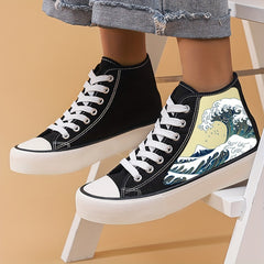 Women's Wave Graphic High Top Canvas Shoes Lace Up Casual Sneakers