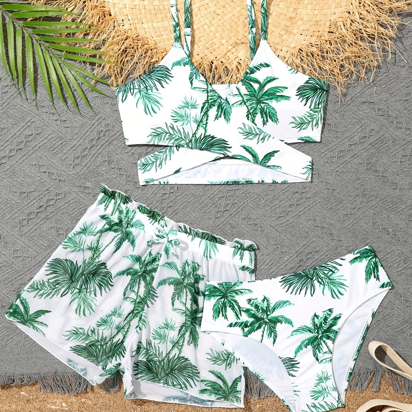 Girls 3pcs Split Bikini Swimsuit Tropical Leaf Pattern Casual Vacation Swimwear