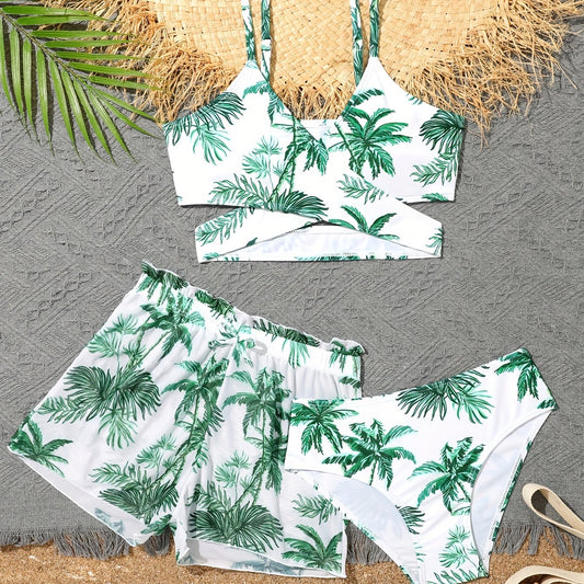 Girls 3pcs Split Bikini Swimsuit Tropical Leaf Pattern Casual Vacation Swimwear