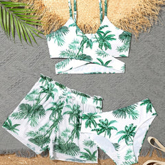 Girls 3pcs Split Bikini Swimsuit Tropical Leaf Pattern Casual Vacation Swimwear