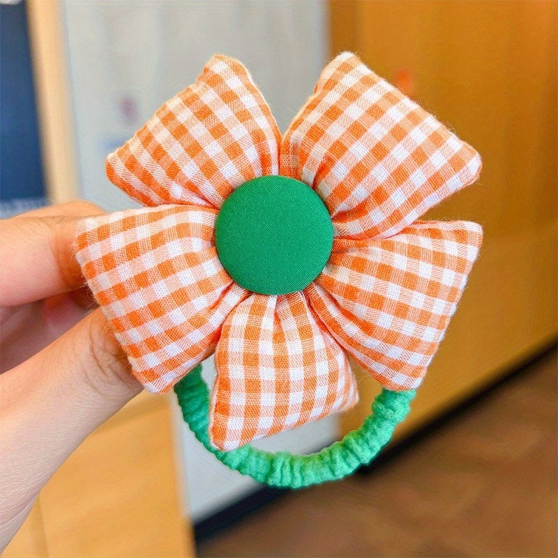 Girls Sun Flower Head Rope Plaid Fabric Hair Tie