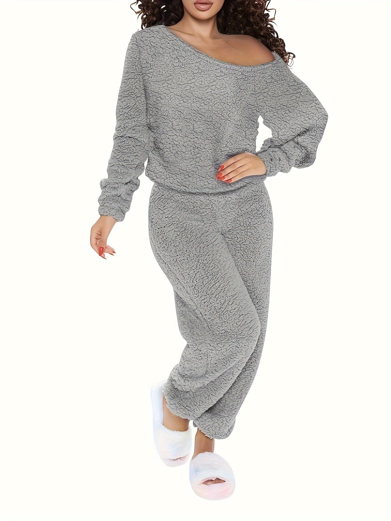 Plus Solid Teddy Fleece Top & Jogger Pants Set