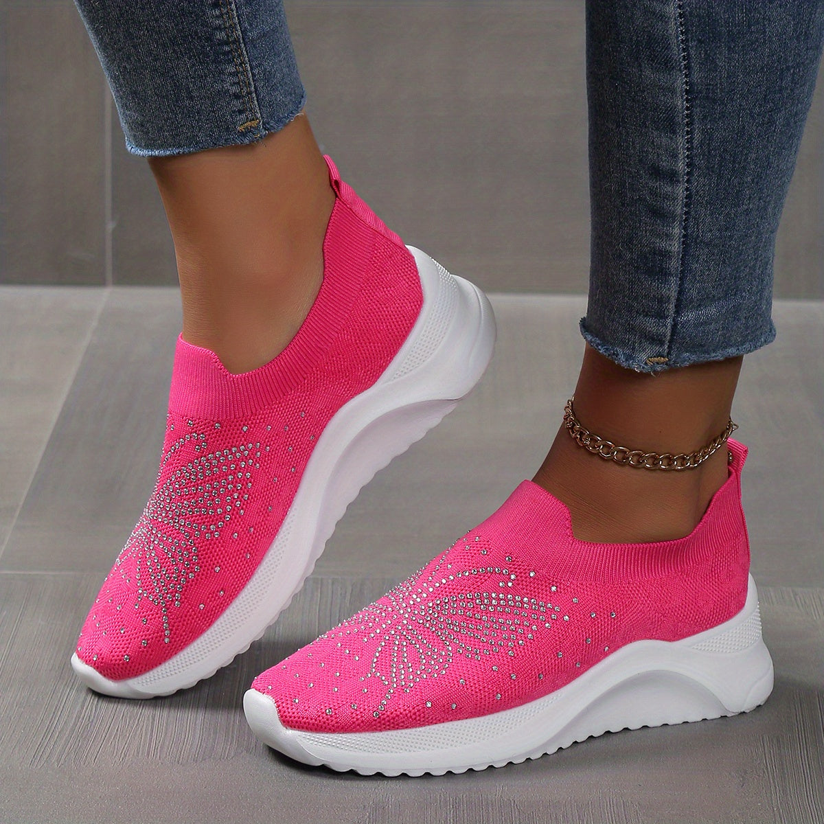 Rhinestone Platform Sneakers Slip-On Breathable Knit Shoes