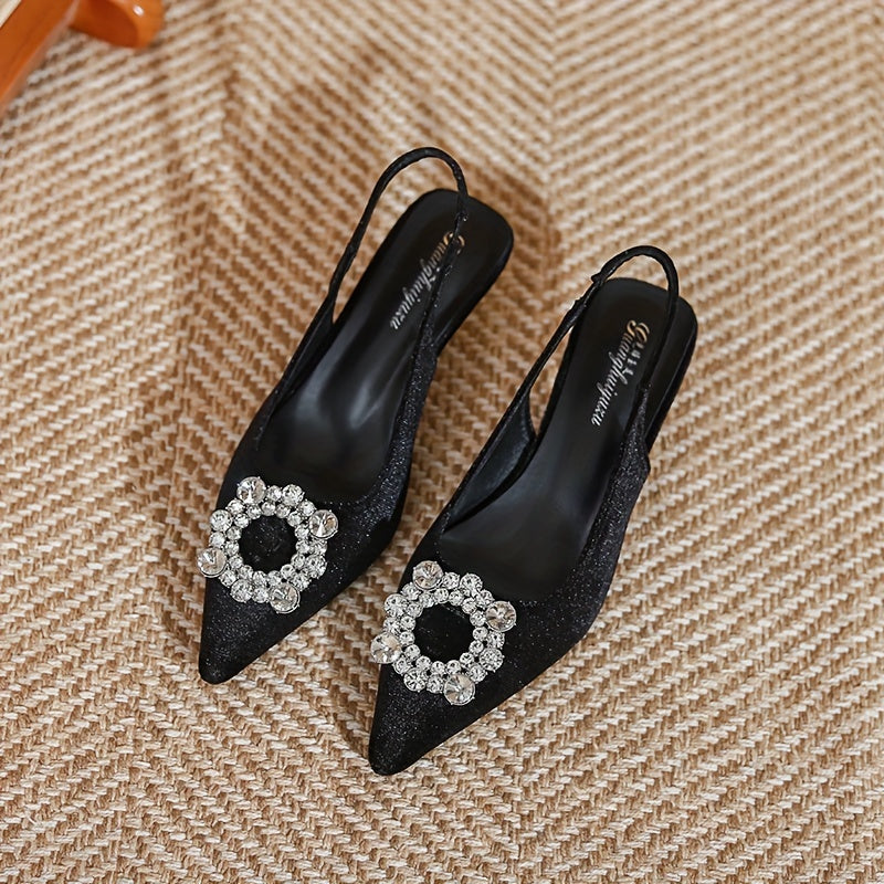 Women's Rhinestone Decor Pumps Pointed Toe Kitten Heels