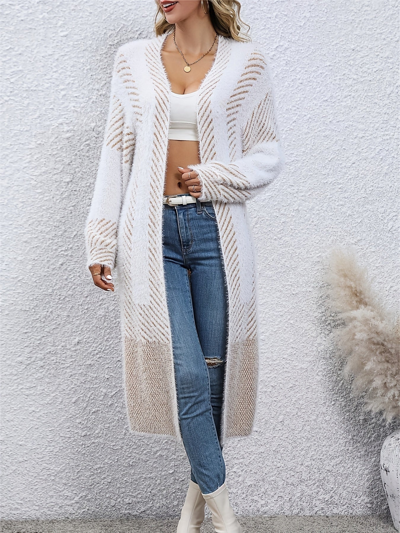 Striped Knitted Open Front Cardigan Vintage Long Sleeve Cardigan
