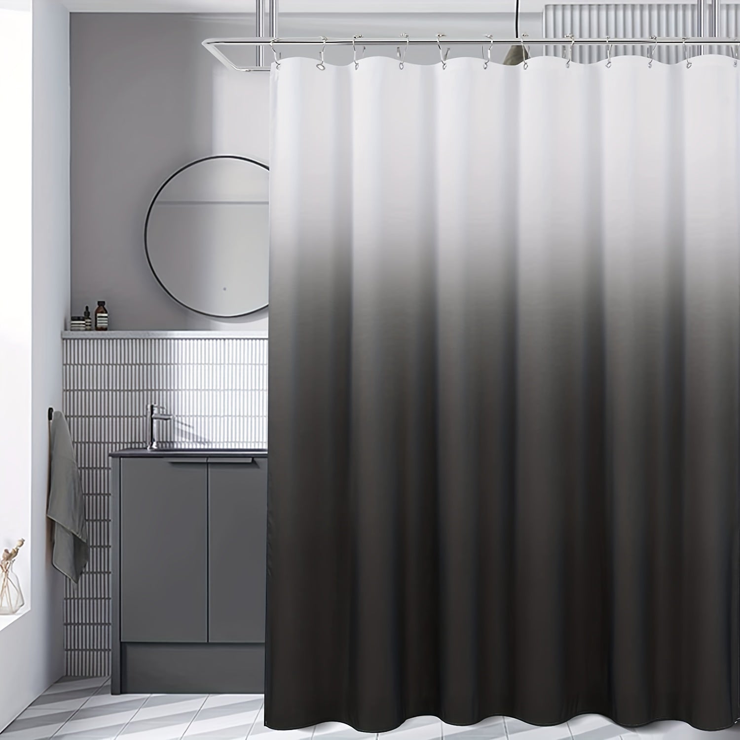 Waterproof Gray Gradient Shower Curtain with Plastic Hooks 71x71in