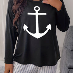 Women's Plus Size Anchor Graphic Long Sleeve Round Neck Home Wear T shirt