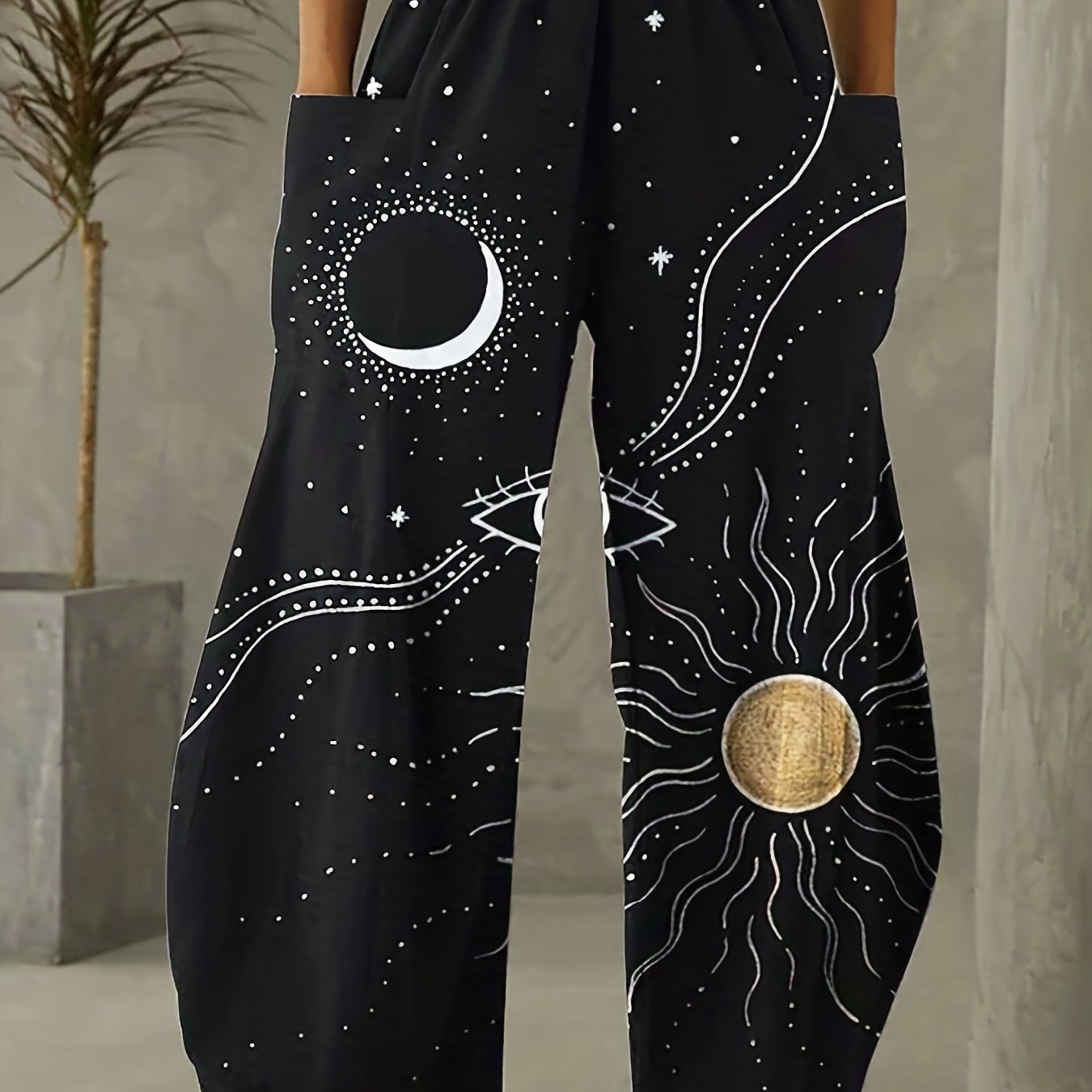 Sun & Moon Print Wide Leg Pants With Pockets