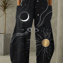 Sun & Moon Print Wide Leg Pants With Pockets
