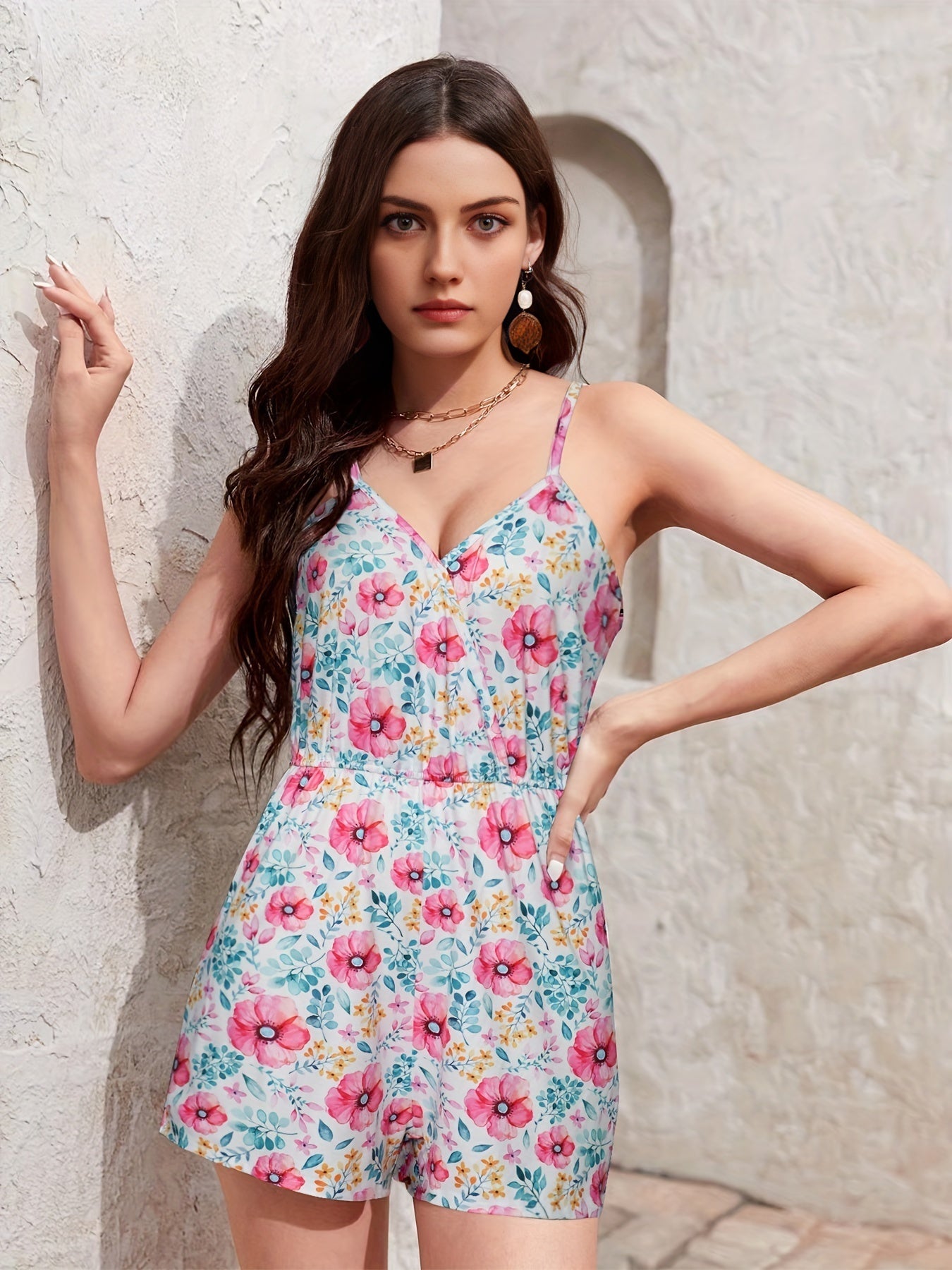 Floral Print Cami Romper Jumpsuit V Neck Sleeveless Women's Clothing