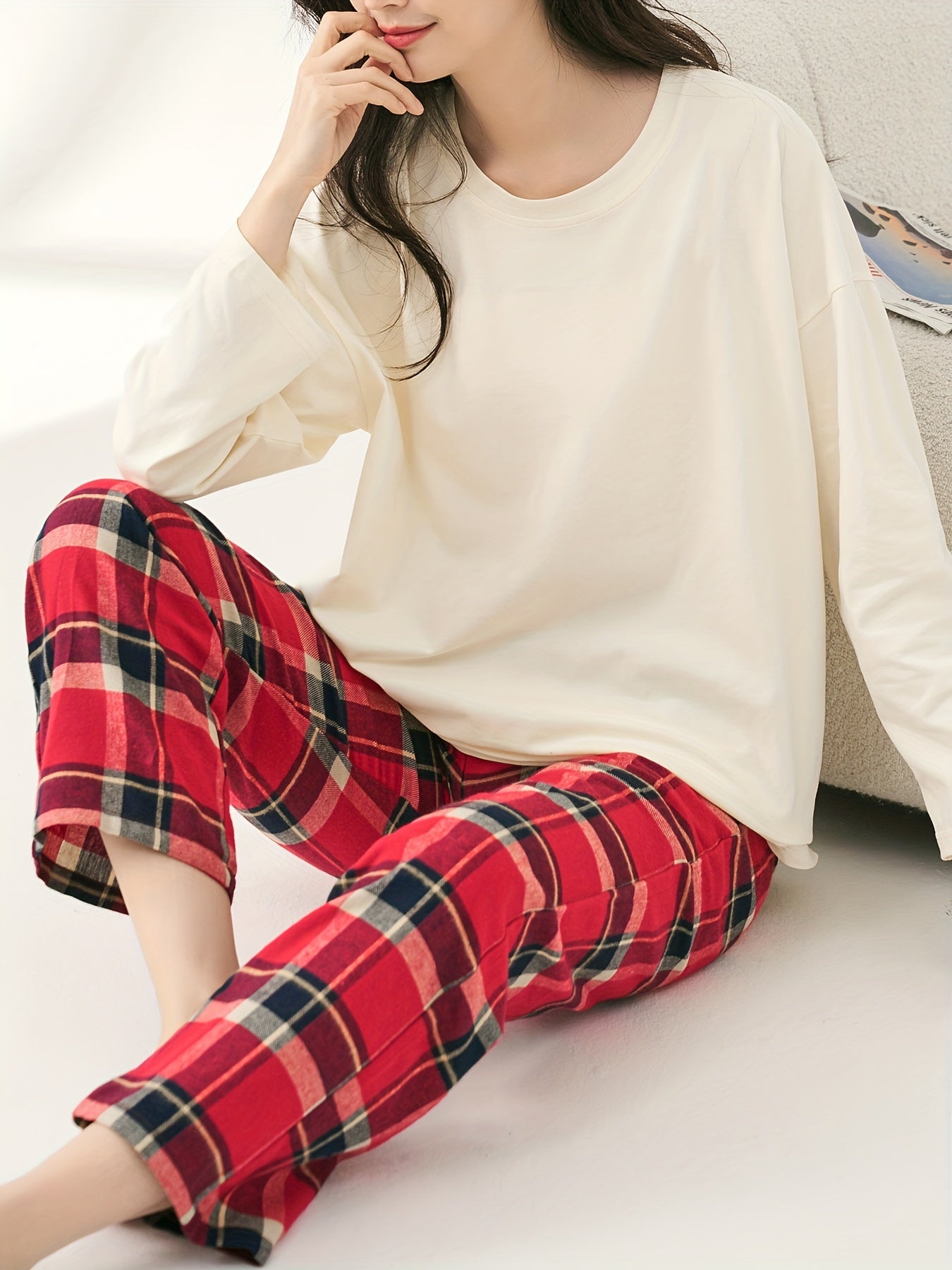 Soft Pajama Set Long Sleeve Top & Plaid Pants Women's Sleepwear