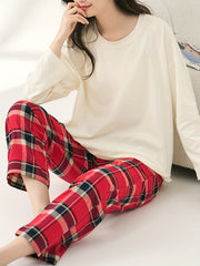 Soft Pajama Set Long Sleeve Top & Plaid Pants Women's Sleepwear