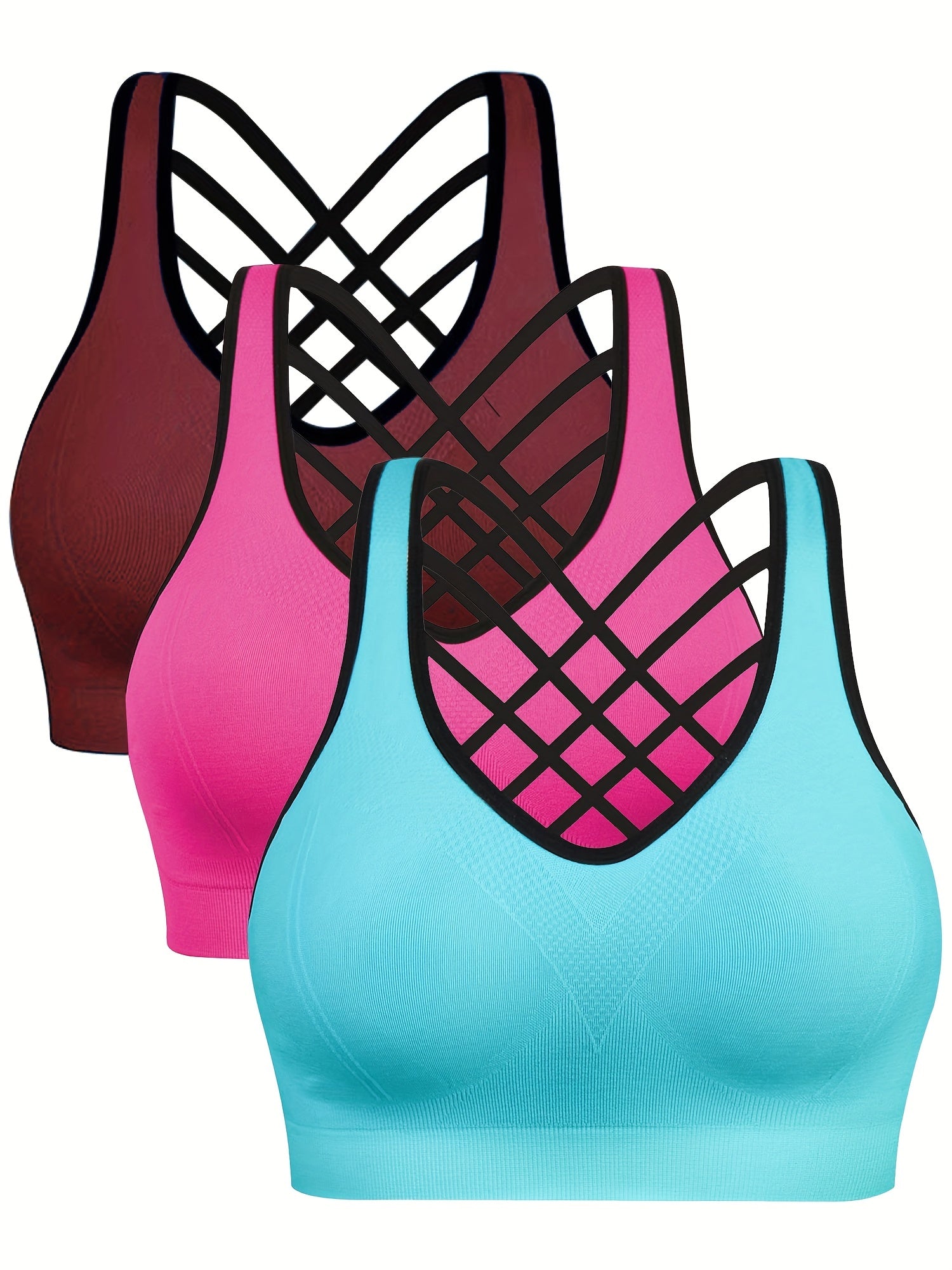 3 Pack Plus Size Sports Bra Solid Contrast Trim Criss Cross Back