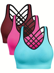 3 Pack Plus Size Sports Bra Solid Contrast Trim Criss Cross Back