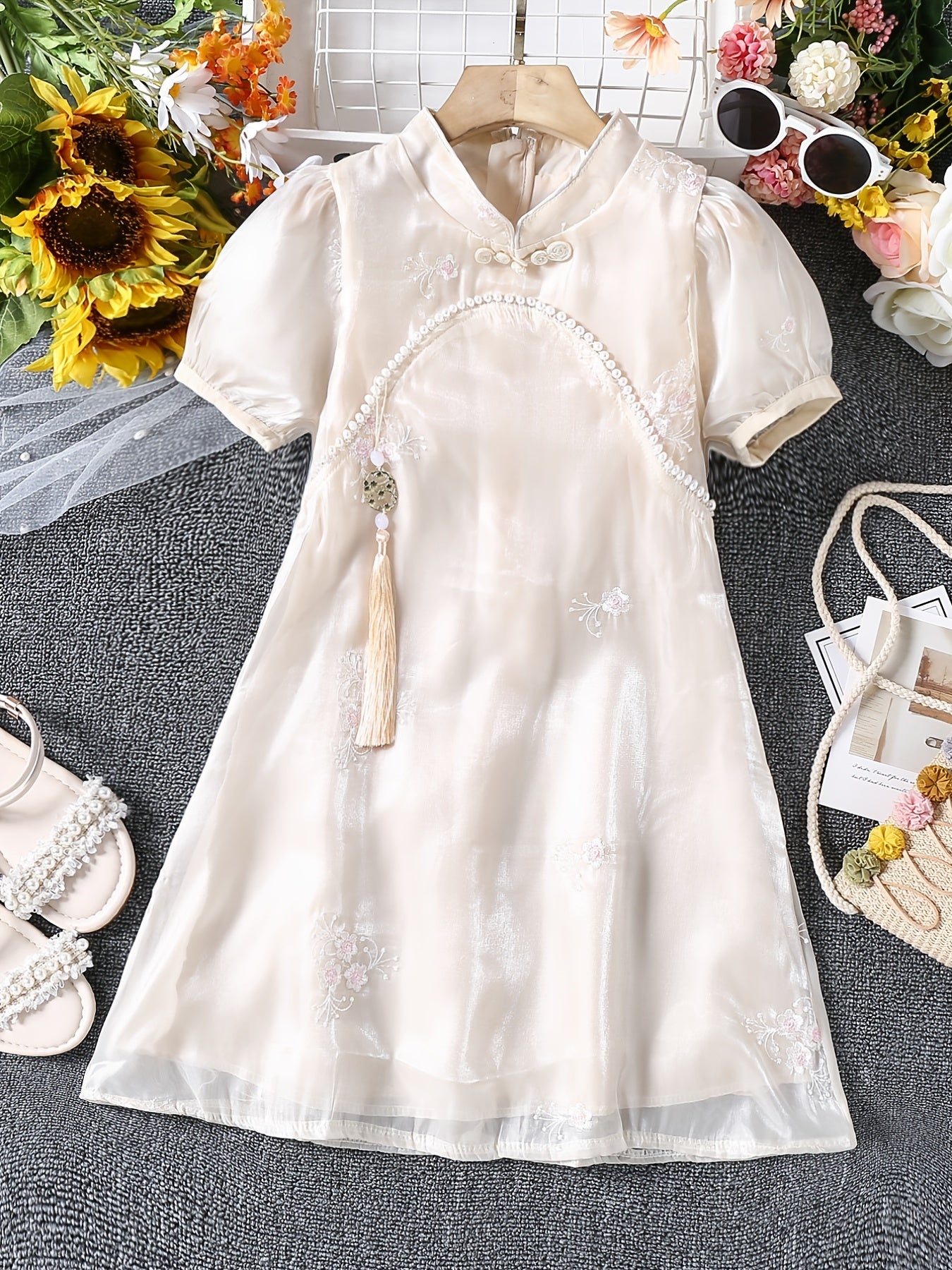 Girls Vintage Cheongsam Dress Faux Pearl Embroidered Summer Party Clothes