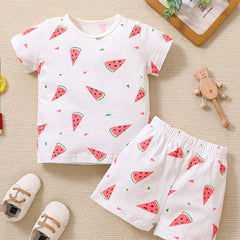 2pcs Baby Girls Watermelon Print Tee & Shorts Set Toddler Clothes