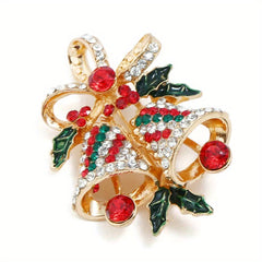 Christmas Bell Leaf Brooch Zircon Alloy Jewelry Corsage Holiday Party Gift