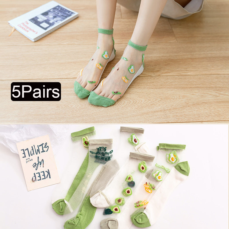5 Pairs Avocado Pattern Crystal Glass Socks for Women