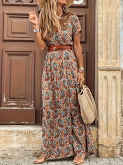 Paisley Print V Neck Dress Boho Casual Short Sleeve Dress